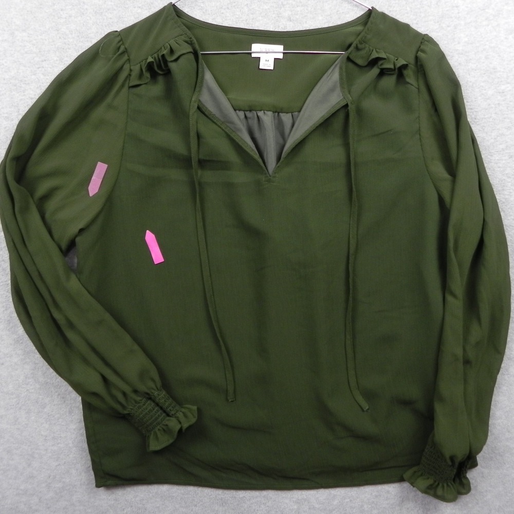 J Crew Top Womens Medium Tie-Front‎ V-Neck Blouse Lined Ruffle Green Long Sleeve